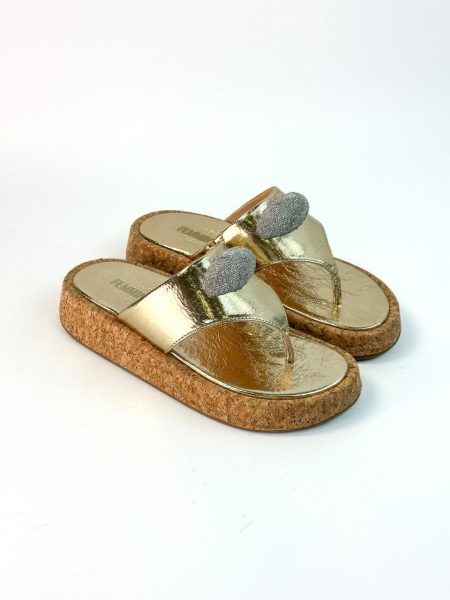 Dinara - Flatform Cortiça Feminina Couro Dourada