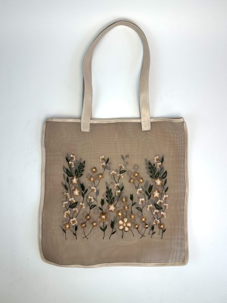 Bolsa Flora Tela Bordada Acabamento em Couro