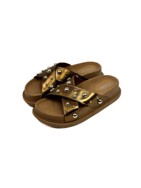 Flatform Birken Feminina Paraty Tiras Couro Bolas Dourada