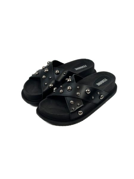Flatform Birken Feminina Paraty Tiras Couro Bolas Preta