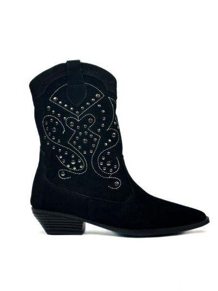 Gianna - Bota Couro Feminina Country Aplicações Camurça Preta
