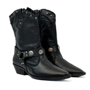 Ariel - Bota Couro Feminina Country com Fivelas Preta