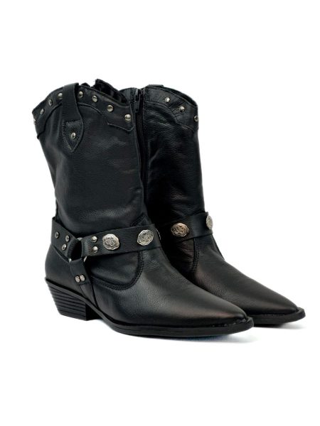 Ariel - Bota Couro Feminina Country com Fivelas Preta