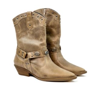 Ariel - Bota Couro Feminina Country com Fivelas Bege