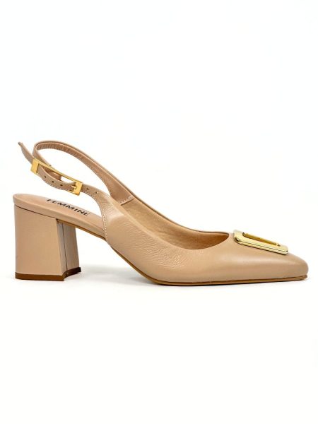 Scarpin Slingback Nude e Preto com Fivela Dourada – FEMMINE