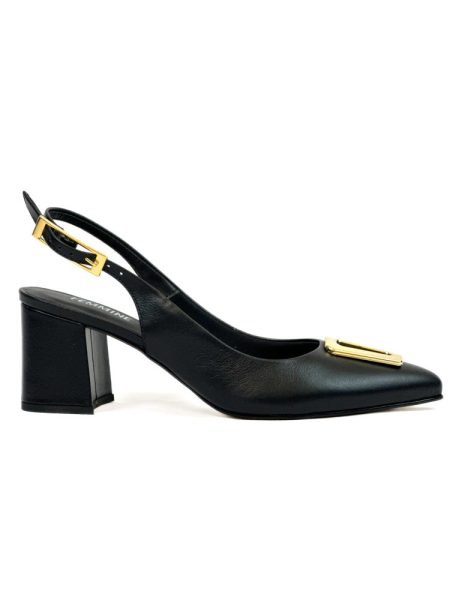 Scarpin Slingback Nude e Preto com Fivela Dourada – FEMMINE