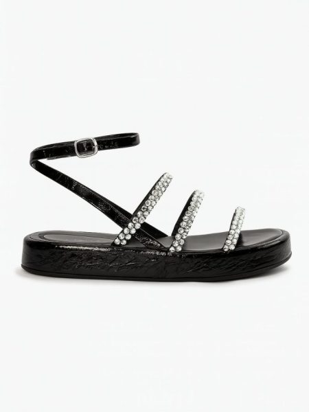 Sandália Flatform Feminina Verniz Preto e Prata com Strass