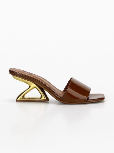 Tamanco Feminino Salto Geométrico Dourado Nude e Marrom