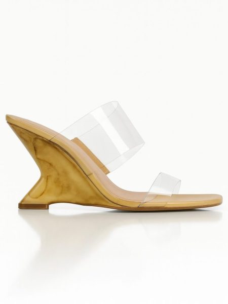 Tamanco Feminino Vinil Salto Wedge Mármore Nude e Marrom