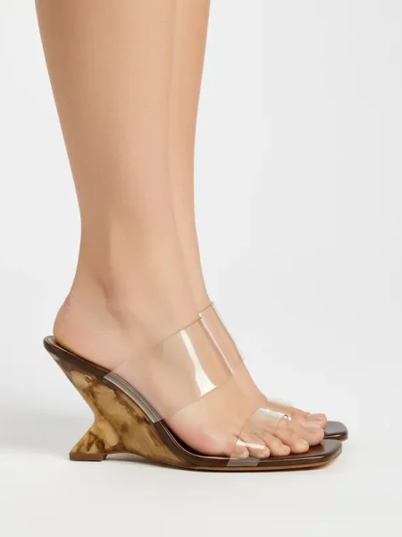 Tamanco Feminino Vinil Salto Wedge Mármore Nude e Marrom