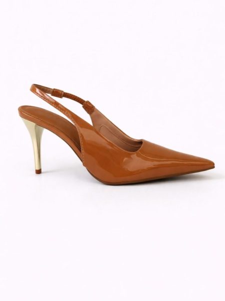 Slingback Ponta Fina Alongada Salto Médio Verniz Nude Kim
