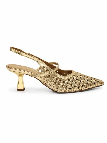 SLINGBACK SALTO KITTEN HEELS COURO NARA DOURADO